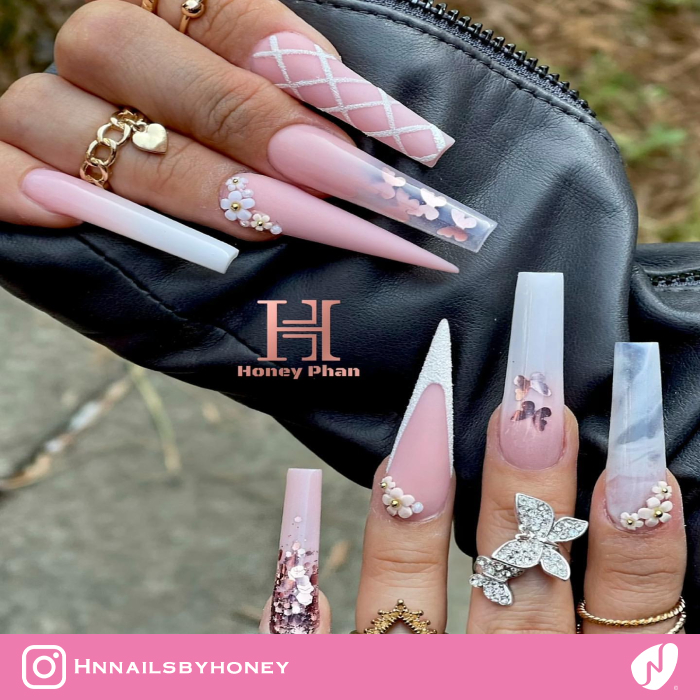 Nude and White Multi-Shape Nails